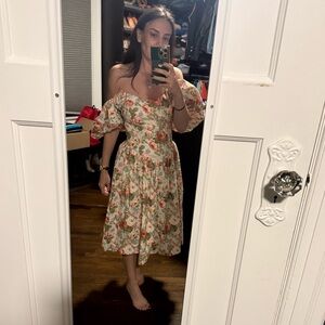 Vintage 80s/90s Jessica McClintock Floral Off Shoulder Puff Sleeve Midi Dress XS
